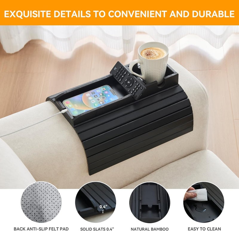 GEHE Bamboo Couch Cup Holder, Anti-Spill Sofa Arm Tray, Natural and Easy to Clean Couch Arm Cup Holder Armrest Tray Perfect for Cups, Beers, Snacks, Remote Control, Drinks - Image 4